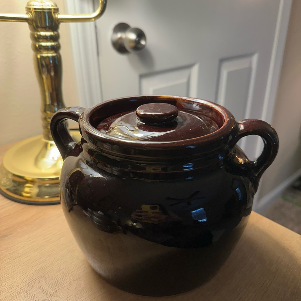 Vintage Brown Glaze Stonewear Bean Pot with Lid Made in USA